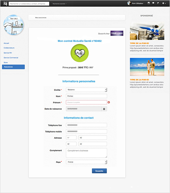 Page de souscription contrat assurance.